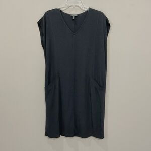 Eileen Fisher Black Crepe Dress V-Neck Knee Length Cap Sleeve Shift Sz S Boxy